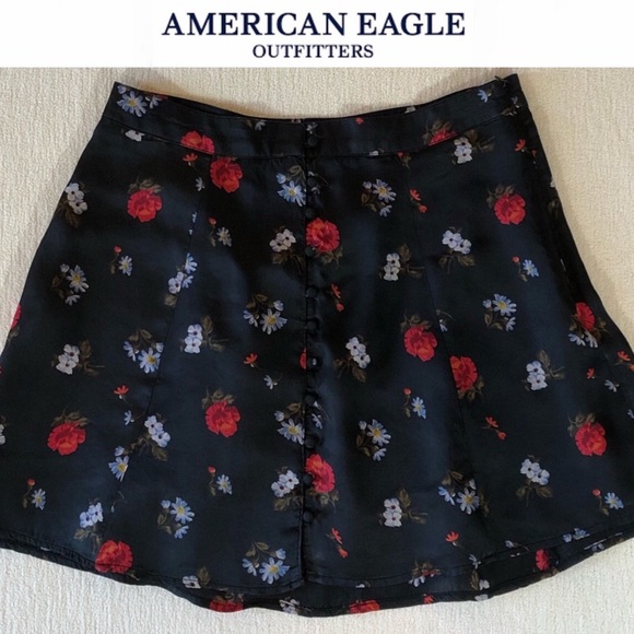 American Eagle Black Satin Floral Mini Skirt - Picture 1 of 8